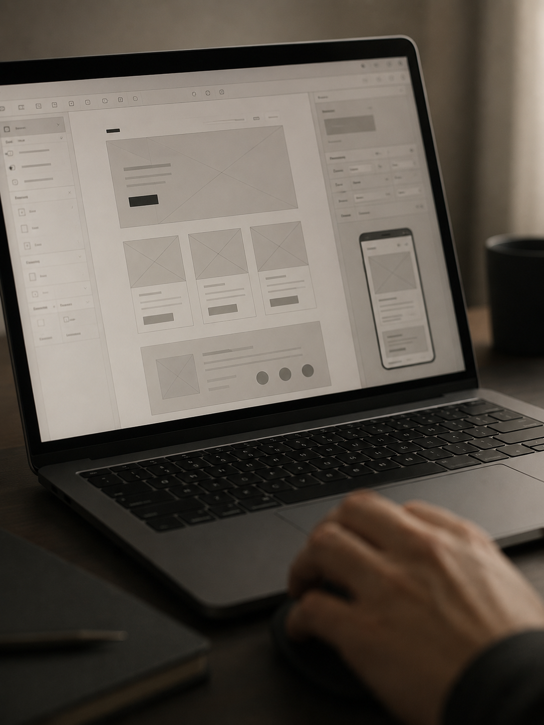 Laptop con wireframes de un proyecto de Isallabs en proceso